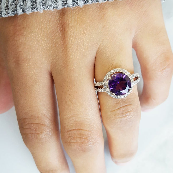 Arizona Amethyst Gold Jewelry Amethyst Halo Style Split Shank Ring