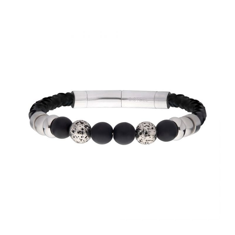 INOX Jewelry Black Braided Leather with Onyx Stone Bead Hybrid Bracelet