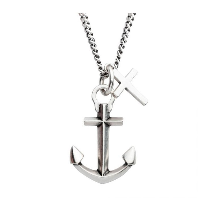 INOX Jewelry 925 Silver Oxidized Anchor & Cross Duo Pendant with Chain SLVSSPNK2