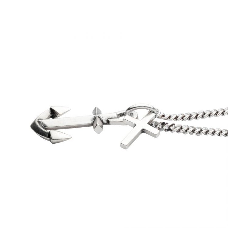 INOX Jewelry 925 Silver Oxidized Anchor & Cross Duo Pendant with Chain