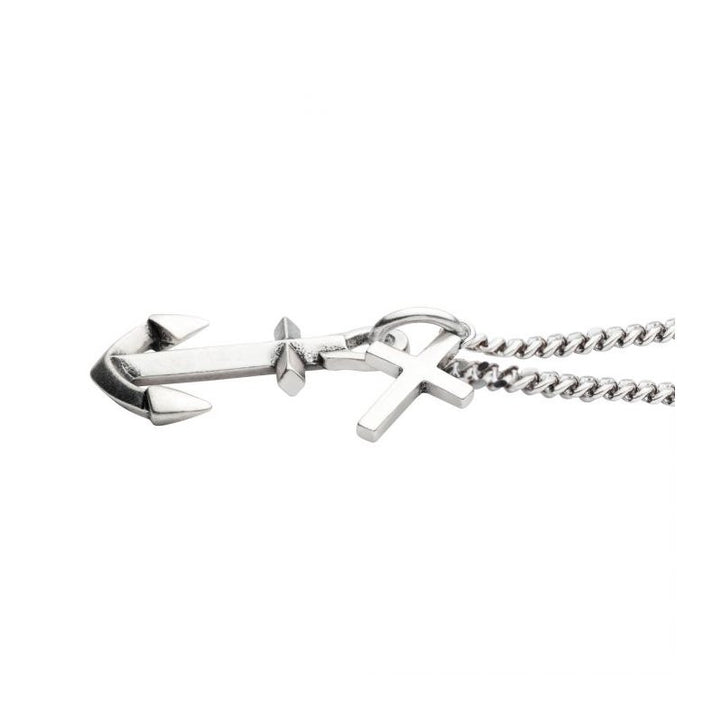 INOX Jewelry 925 Silver Oxidized Anchor & Cross Duo Pendant with Chain