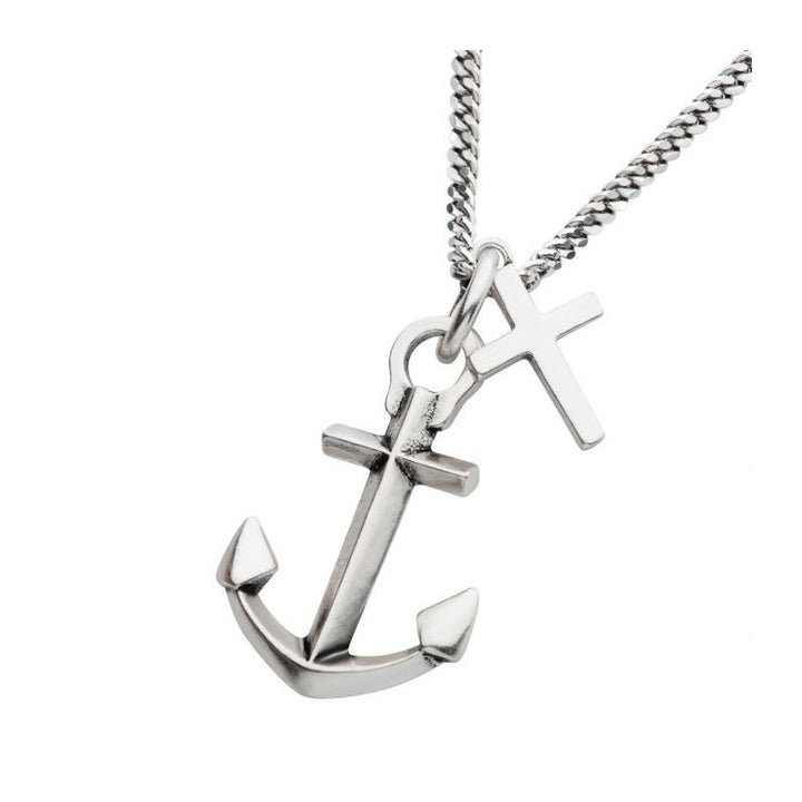 INOX Jewelry 925 Silver Oxidized Anchor & Cross Duo Pendant with Chain