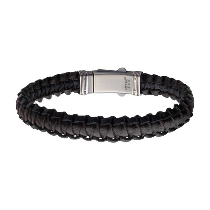 INOX Jewelry Black & Brown Braided Leather Bracelet with Dual Release 925 Sterling Silver Clasp SLVBRLB09