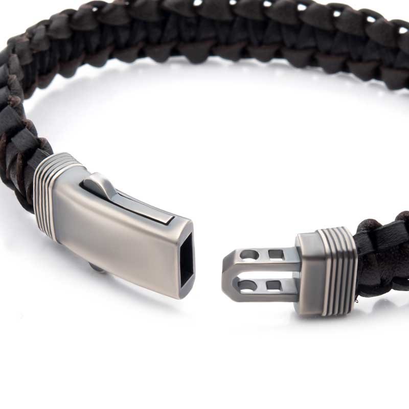INOX Jewelry Black & Brown Braided Leather Bracelet with Dual Release 925 Sterling Silver Clasp