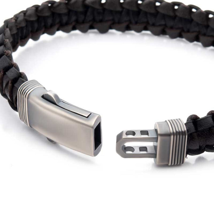 INOX Jewelry Black & Brown Braided Leather Bracelet with Dual Release 925 Sterling Silver Clasp