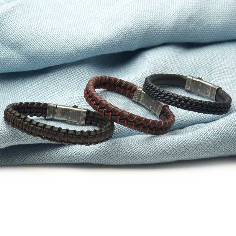 INOX Jewelry Black & Brown Braided Leather Bracelet with Dual Release 925 Sterling Silver Clasp