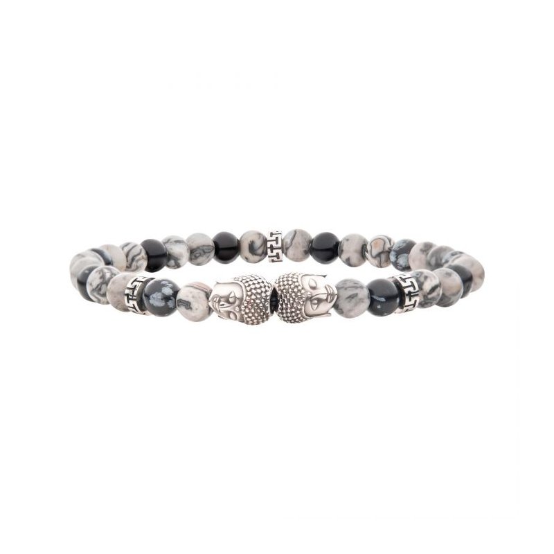 INOX Jewelry Steel Buddha Head Beads with Genuine Snowflake Obsidian Stone Beads BR42293PJ