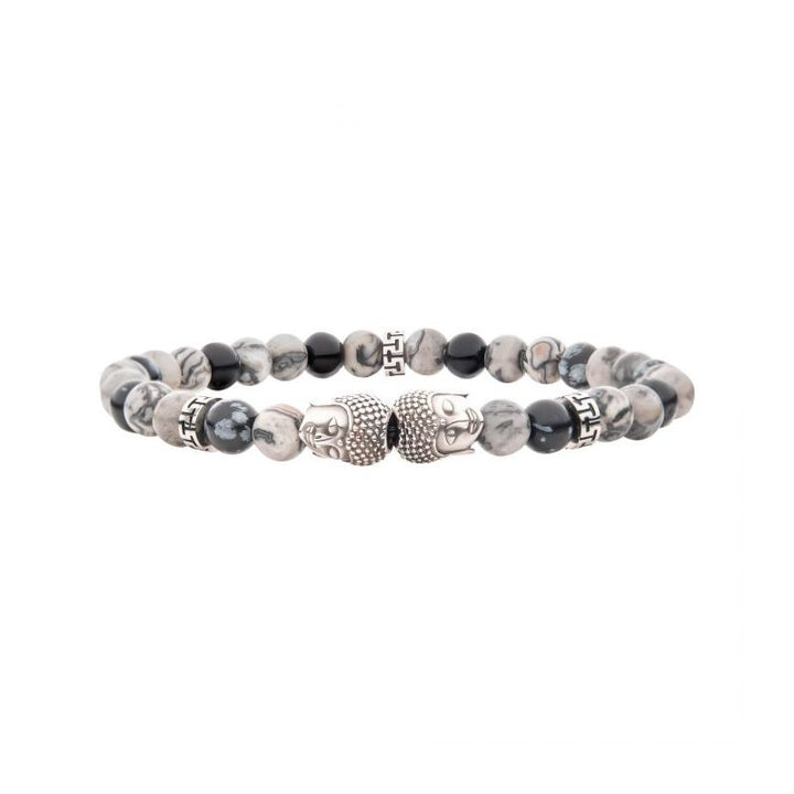 INOX Jewelry Steel Buddha Head Beads with Genuine Snowflake Obsidian Stone Beads BR42293PJ