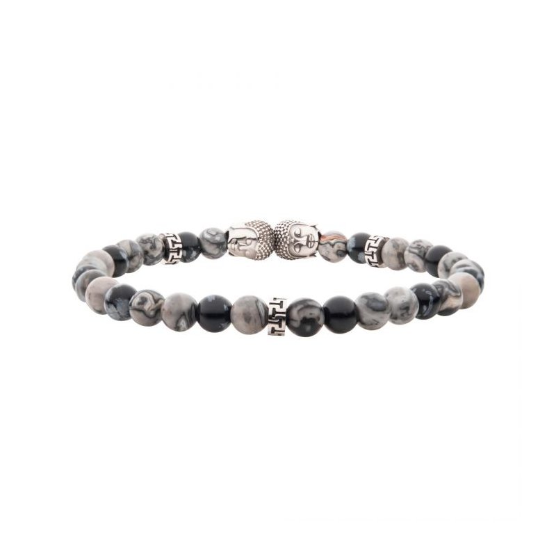 INOX Jewelry Steel Buddha Head Beads with Genuine Snowflake Obsidian Stone Beads
