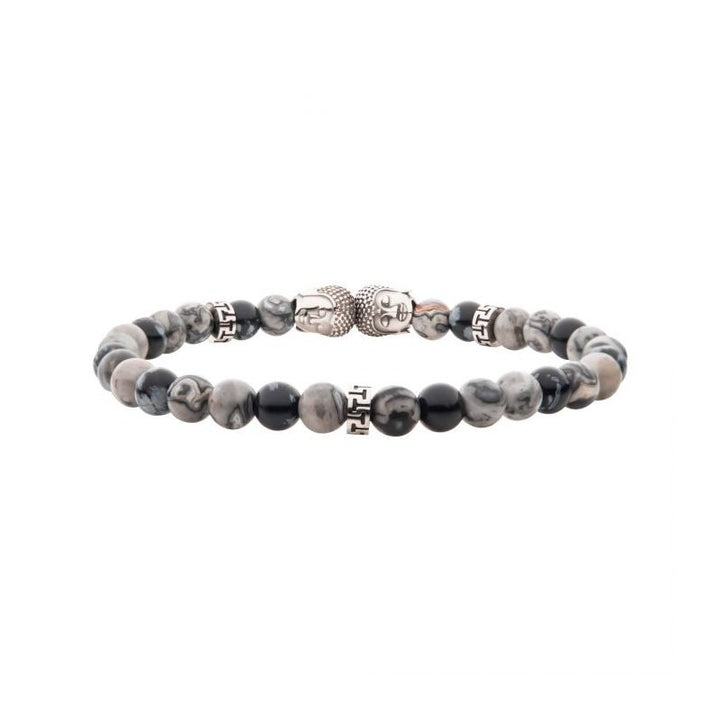 INOX Jewelry Steel Buddha Head Beads with Genuine Snowflake Obsidian Stone Beads