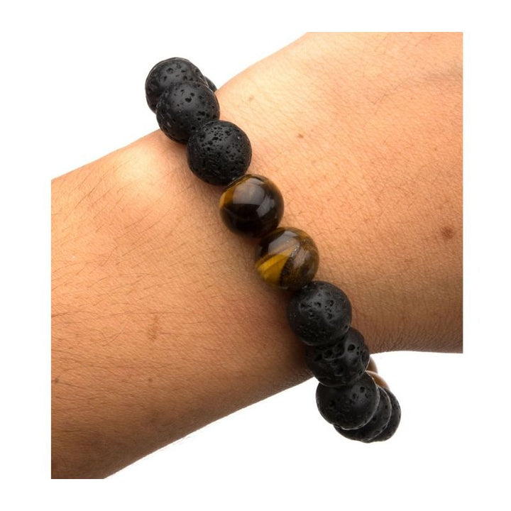 INOX Jewelry Black Lava & Brown Tiger Eye Beads Bracelet