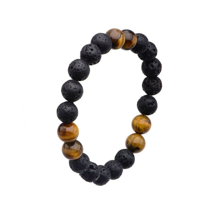 INOX Jewelry Black Lava & Brown Tiger Eye Beads Bracelet