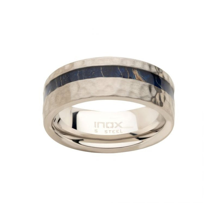 INOX Jewelry Steel Blue Dyed Wood Inlay Ring