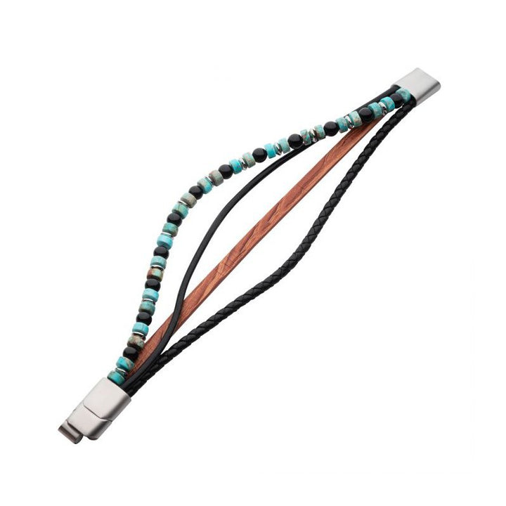 INOX Jewelry Brown & Black Full Grain Cowhide Leather with Black Onyx & Green Emperor Stone Bead Multi-Strand Bracelet