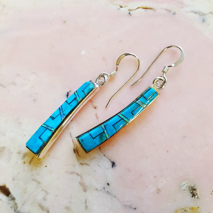 Sterling Silver Arizona Turquoise and Inlaid Jewelry Turquoise Tapered Curved Dangle Earrings