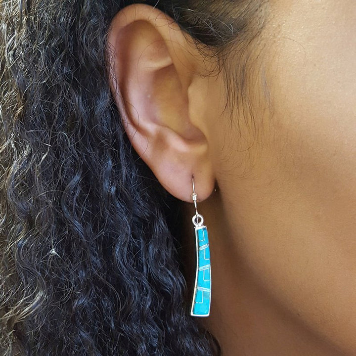Sterling Silver Arizona Turquoise and Inlaid Jewelry Turquoise Tapered Curved Dangle Earrings