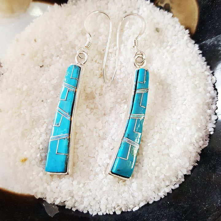 Sterling Silver Arizona Turquoise and Inlaid Jewelry Turquoise Tapered Curved Dangle Earrings
