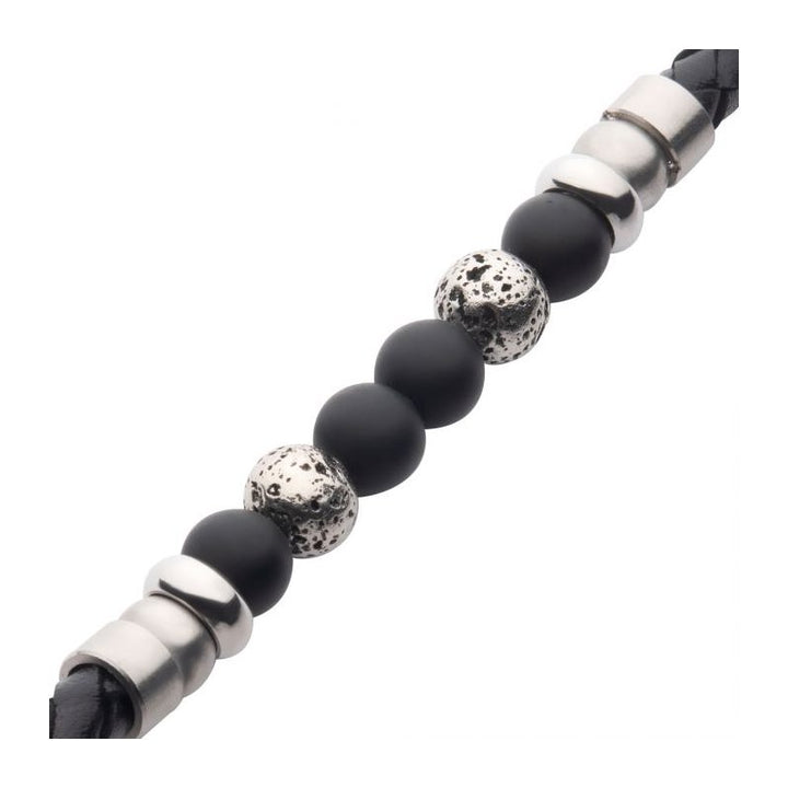 INOX Jewelry Black Braided Leather with Onyx Stone Bead Hybrid Bracelet