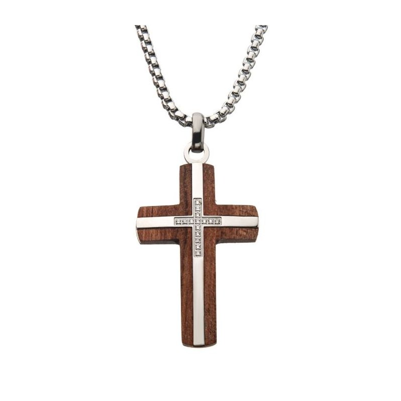 INOX Jewelry Bubinga Wood & Steel Cross Pendant with 15pcs 1mm Genuine Clear Diamonds DMSSP002NK