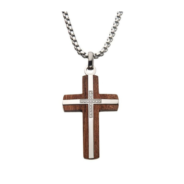 INOX Jewelry Bubinga Wood & Steel Cross Pendant with 15pcs 1mm Genuine Clear Diamonds DMSSP002NK