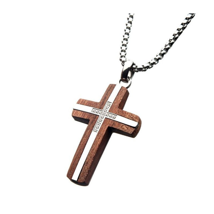 INOX Jewelry Bubinga Wood & Steel Cross Pendant with 15pcs 1mm Genuine Clear Diamonds