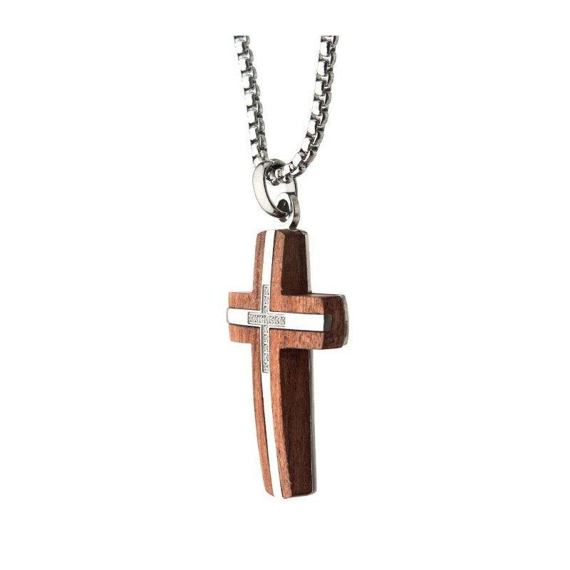 INOX Jewelry Bubinga Wood & Steel Cross Pendant with 15pcs 1mm Genuine Clear Diamonds