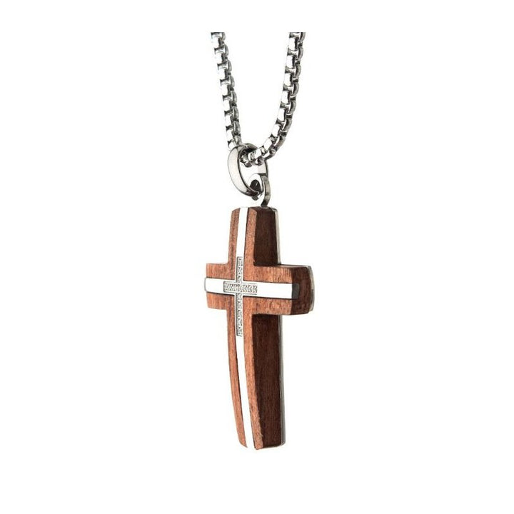 INOX Jewelry Bubinga Wood & Steel Cross Pendant with 15pcs 1mm Genuine Clear Diamonds