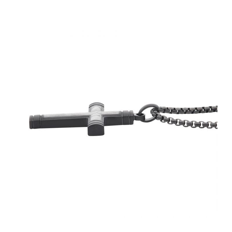 INOX Jewelry Meteorite Inlay Cross Pendant with Black IP Box Chain