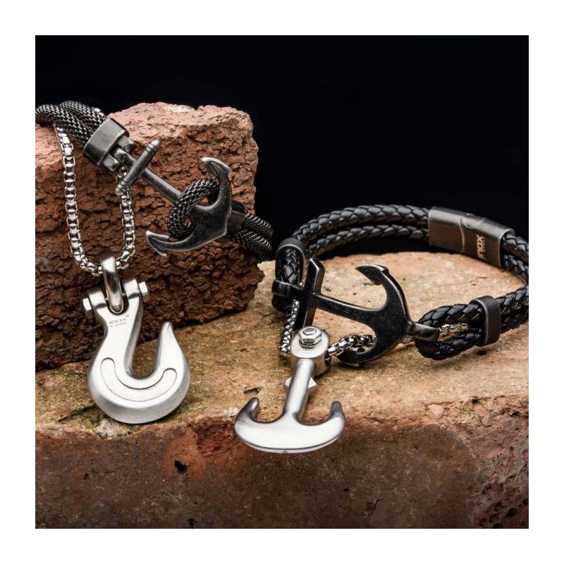 INOX Jewelry Black Antiqued Double Anchor Leather Bracelet
