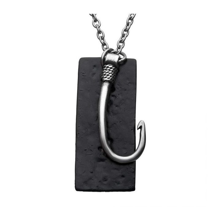 INOX Jewelry Stainless Steel Antiqued Finish Fish Hook & Black IP Tag Pendant with chain SSP34636NK1