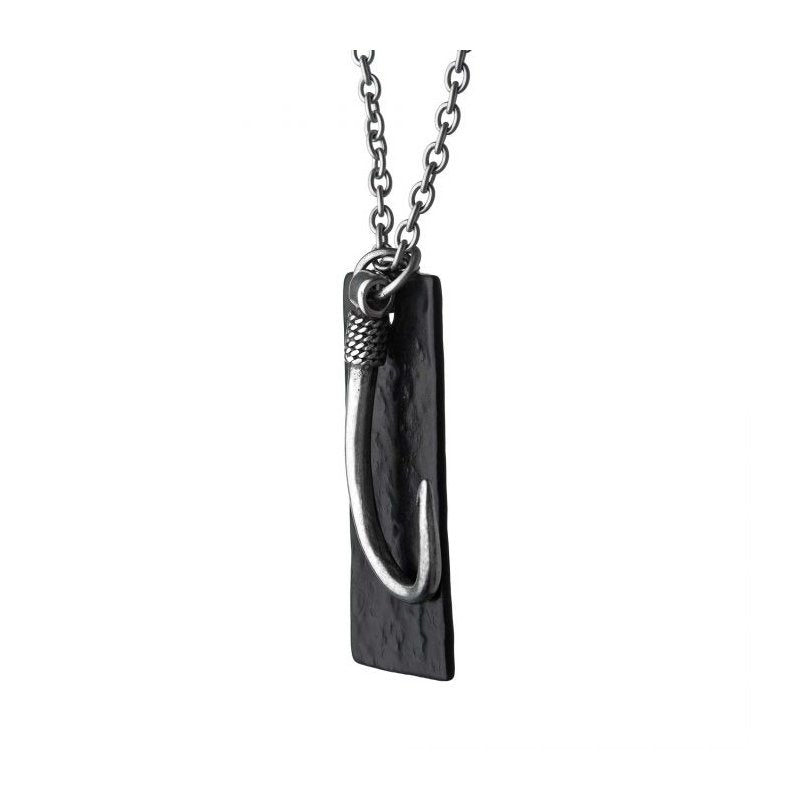 INOX Jewelry Stainless Steel Antiqued Finish Fish Hook & Black IP Tag Pendant with chain