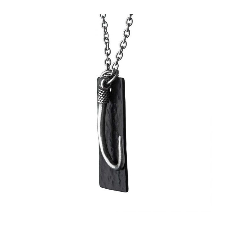 INOX Jewelry Stainless Steel Antiqued Finish Fish Hook & Black IP Tag Pendant with chain