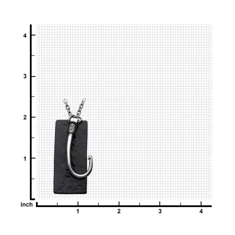 INOX Jewelry Stainless Steel Antiqued Finish Fish Hook & Black IP Tag Pendant with chain