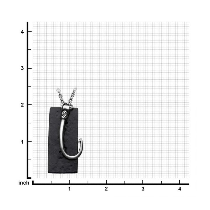 INOX Jewelry Stainless Steel Antiqued Finish Fish Hook & Black IP Tag Pendant with chain
