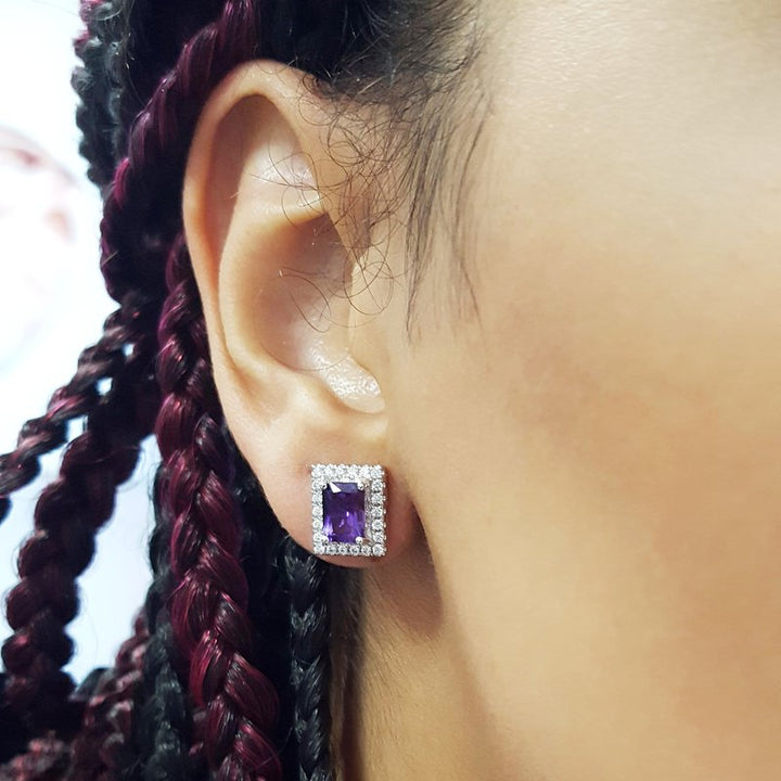 Arizona Amethyst Gold Jewelry Radiant Cut Amethyst and Diamond Studs