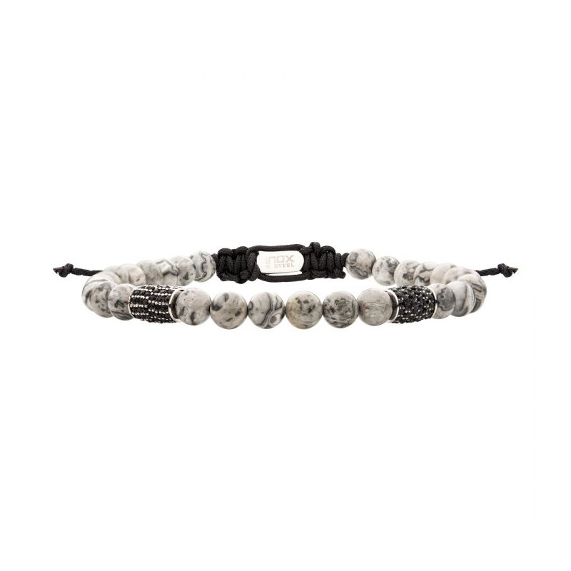 INOX Jewelry Stainless Steel Beads with Black CZ & Grey Jasper Stone Bead Adjustable Non-Braided Bracelet BR38629-8