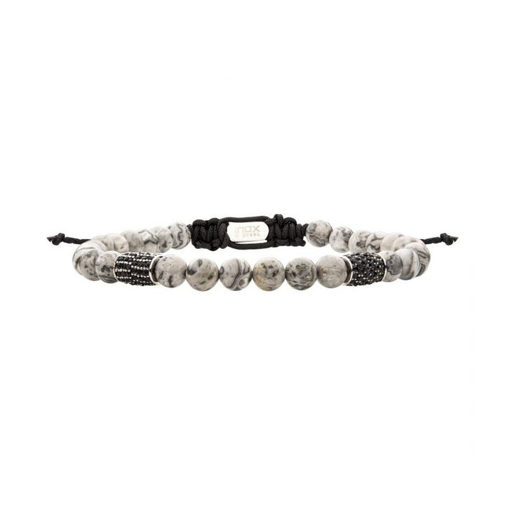 INOX Jewelry Stainless Steel Beads with Black CZ & Grey Jasper Stone Bead Adjustable Non-Braided Bracelet BR38629-8