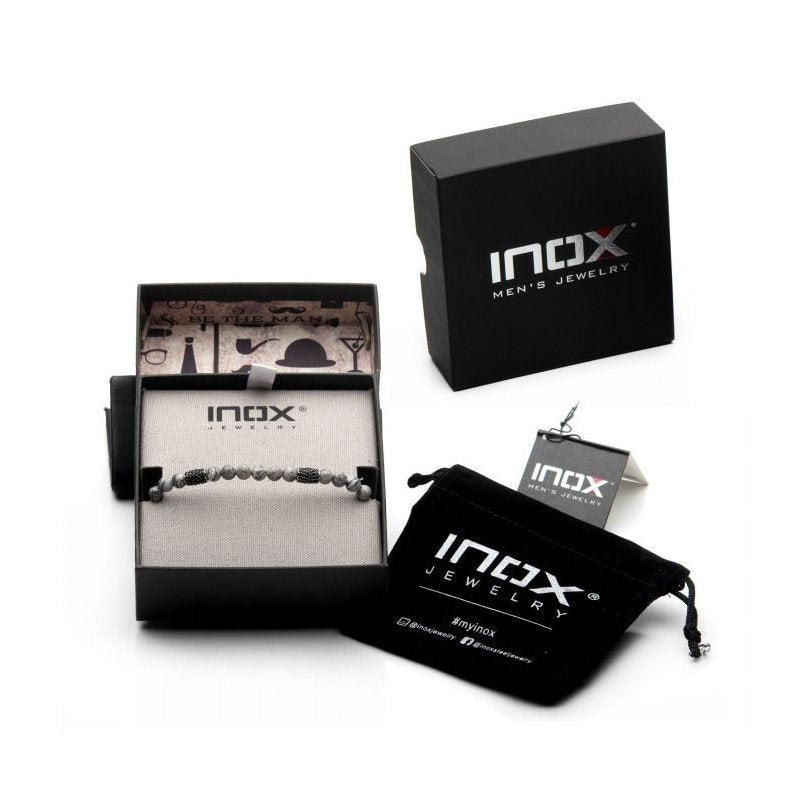 INOX Jewelry Stainless Steel Beads with Black CZ & Grey Jasper Stone Bead Adjustable Non-Braided Bracelet