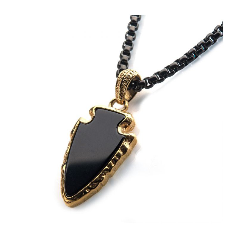INOX Jewelry Black Agate Stone with Gold IP Frame Pendant on a Polished Gold IP Bail with Polished Black IP Box Chain