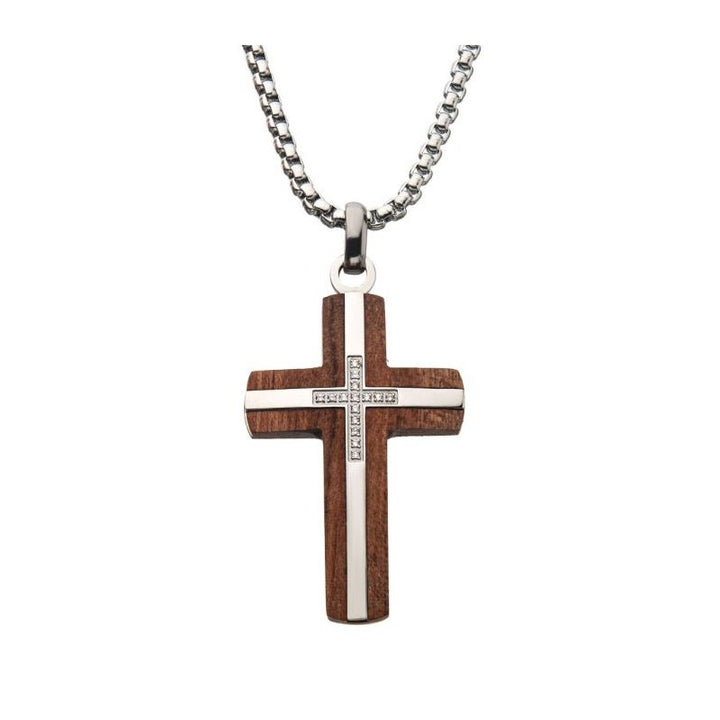 INOX Jewelry Bubinga Wood & Steel Cross Pendant with 15pcs 1mm Genuine Clear Diamonds