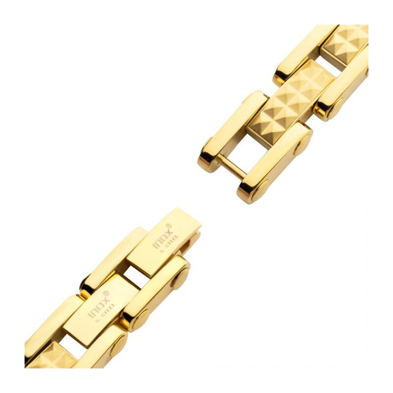 INOX Jewelry 18Kt Gold IP Steel with Matte Finish Pyramid Stud Pattern & High Polished Finish Link Bracelet