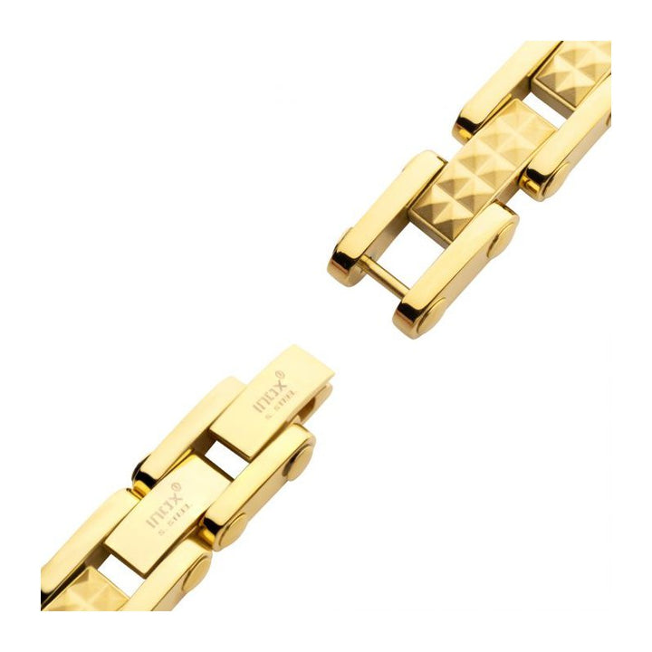 INOX Jewelry 18Kt Gold IP Steel with Matte Finish Pyramid Stud Pattern & High Polished Finish Link Bracelet