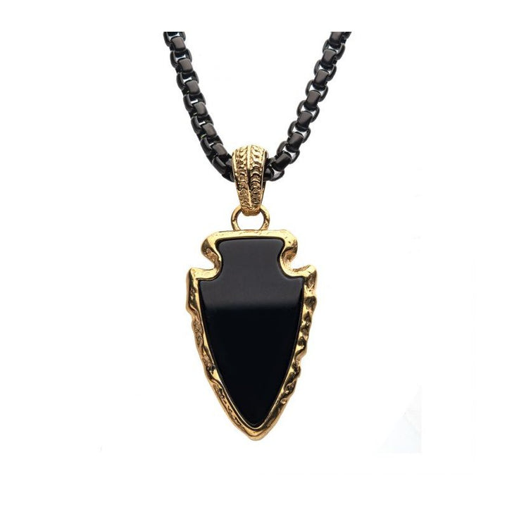 INOX Jewelry Black Agate Stone with Gold IP Frame Pendant on a Polished Gold IP Bail with Polished Black IP Box Chain SSPWT031ONYXNK