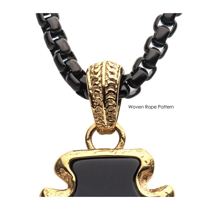 INOX Jewelry Black Agate Stone with Gold IP Frame Pendant on a Polished Gold IP Bail with Polished Black IP Box Chain