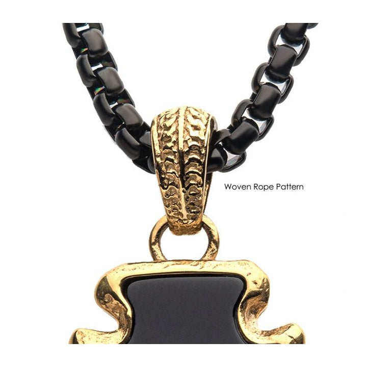 INOX Jewelry Black Agate Stone with Gold IP Frame Pendant on a Polished Gold IP Bail with Polished Black IP Box Chain