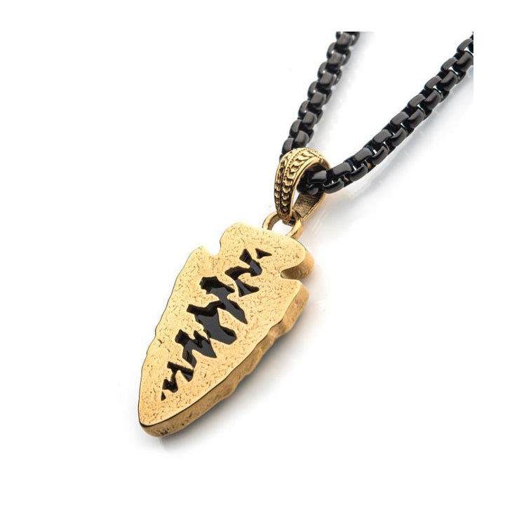 INOX Jewelry Black Agate Stone with Gold IP Frame Pendant on a Polished Gold IP Bail with Polished Black IP Box Chain