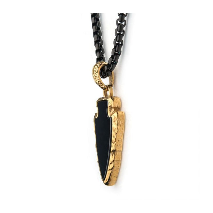 INOX Jewelry Black Agate Stone with Gold IP Frame Pendant on a Polished Gold IP Bail with Polished Black IP Box Chain