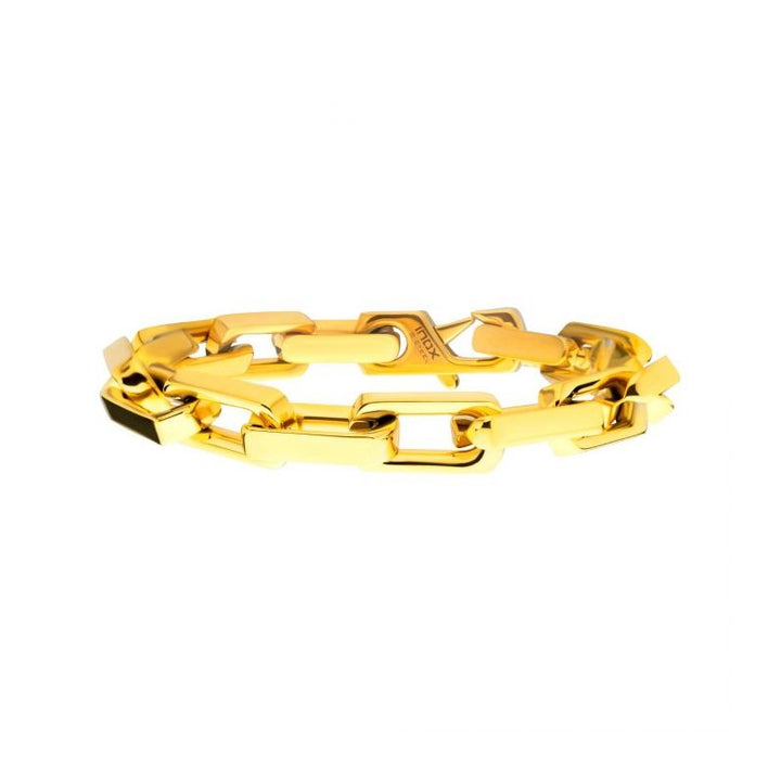 INOX Jewelry 10mm High Polished Finish 18K Gold IP Heavy Flat Square Link Bracelet BR575GP