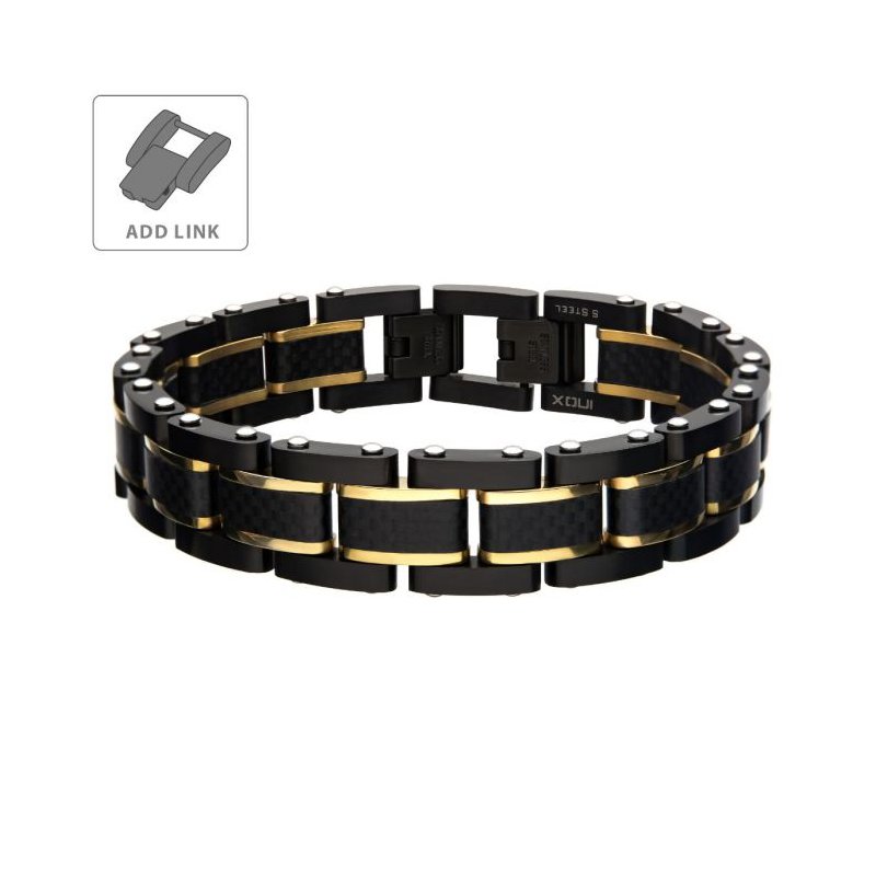 INOX Jewelry Black Carbon Fiber with Gold IP Link Bracelet