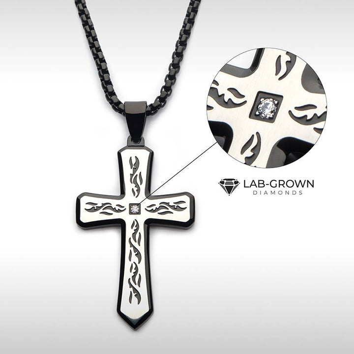 INOX Jewelry Black IP Tribal Cross Pendant with 2mm Lab-grown Diamond, with 24" Box Chain DMSSP479KNK